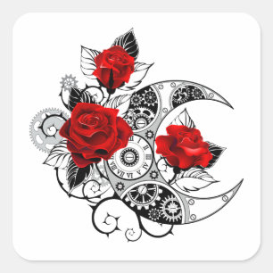 Sticker Carré Croissant mécanique avec roses rouges