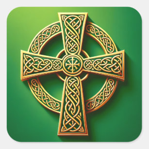 Sticker Carré Croix celtique d'or sur vert