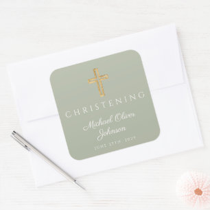 Sticker Carré Croix de baptême en bois vert sauge Religieux