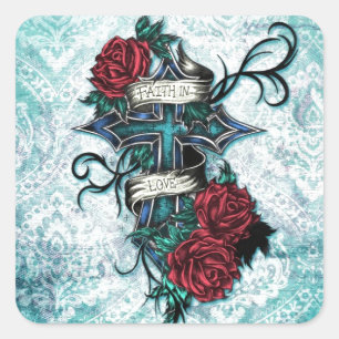 Sticker Carré Croix de foi en amour et roses en style tatouage.