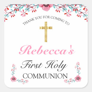 Sticker Carré Croix d'or rose Floral Premier Merci de communion
