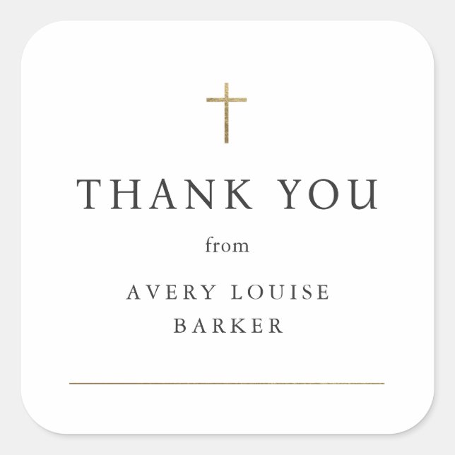 Sticker Carré Croix d'or simple photo Baptême Merci Favor (Devant)