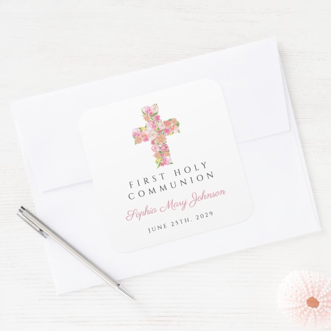 Sticker Carré Croix florale rose élégante Première Communion (Enveloppe)