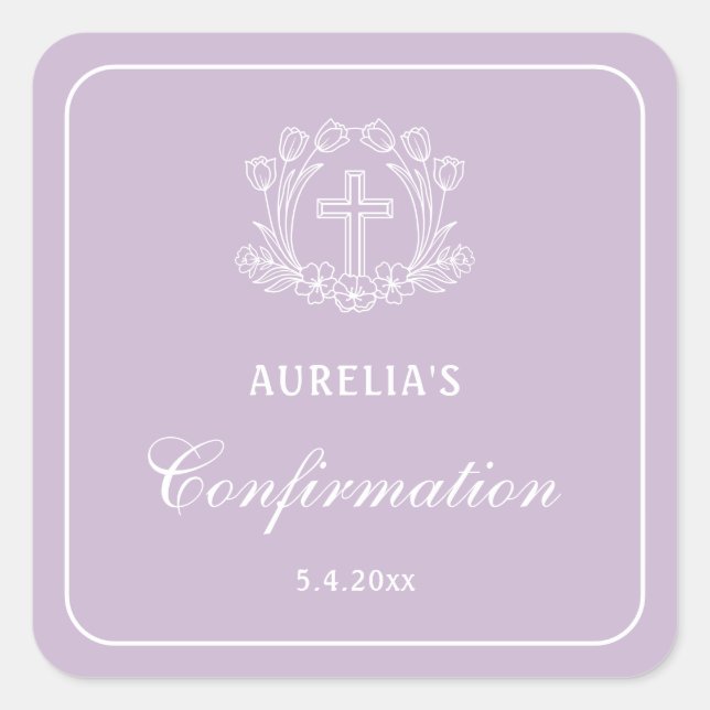Sticker Carré Croix florale simple sur Lilac Confirmation (Devant)
