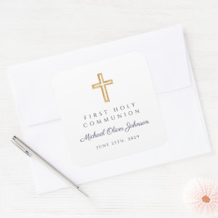 Sticker Carré Croix Religieuse Bleu Marine Garçon Première Commu