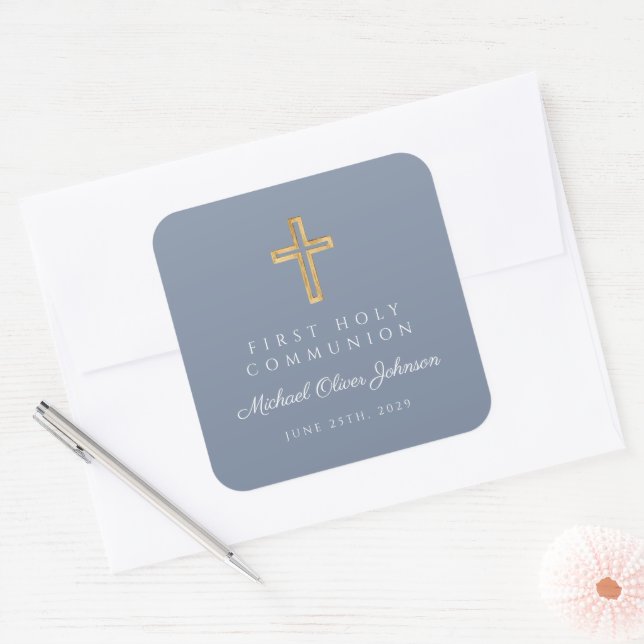 Sticker Carré Croix religieuse Dusty Blue Boy First Communion (Enveloppe)