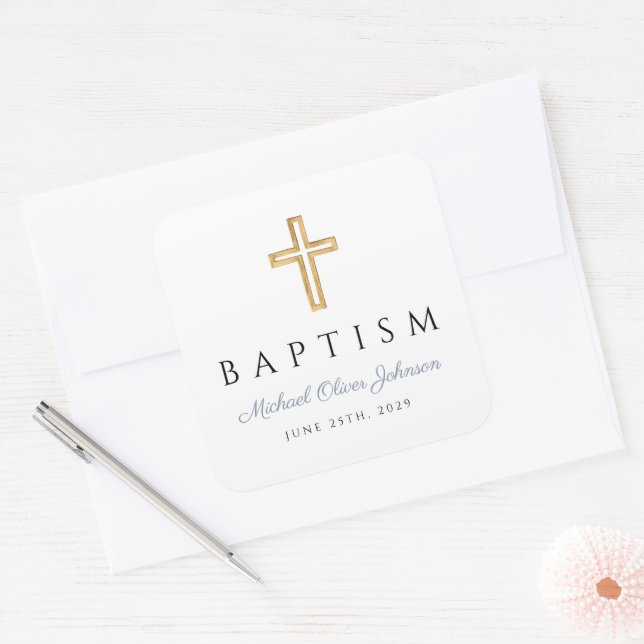 Sticker Carré Croix Religieuse Garçon Baptême Script Bleu Poussi (Enveloppe)