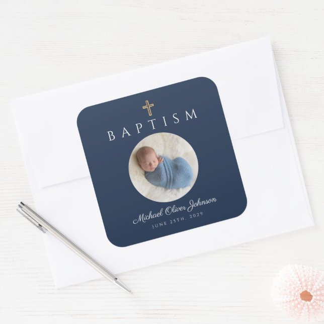 Sticker Carré Croix Religieuse Script Bleu Marine Garçon Baptême (Enveloppe)
