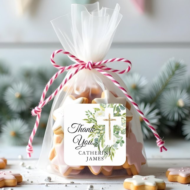 Sticker Carré Croix végétale florale Baptême élégant (Créateur téléchargé)