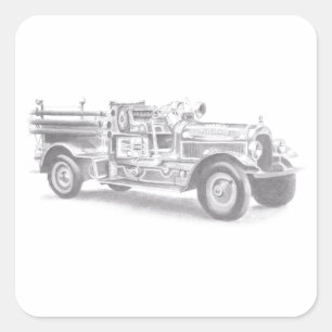 Sticker Carré croquis au crayon de vieux camion de pompiers dess