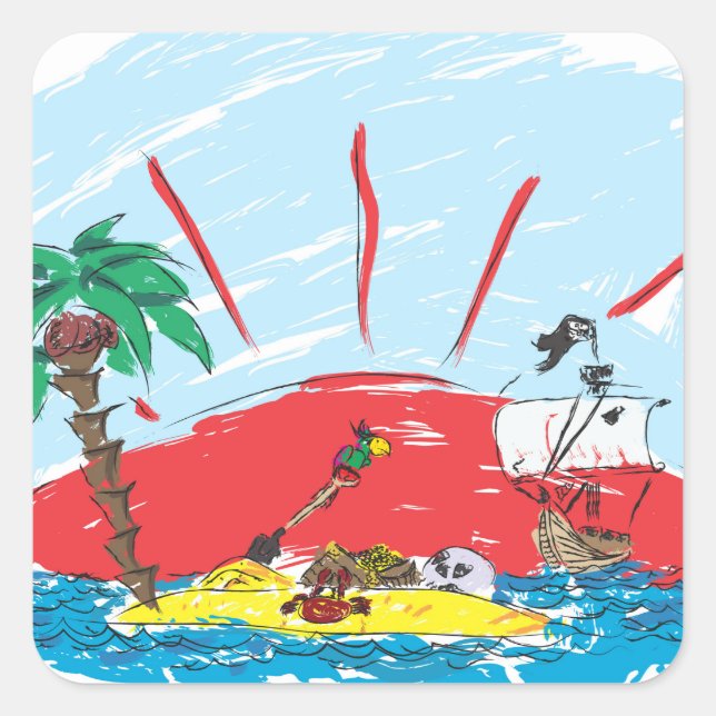 Sticker Carré croquis d'une île au trésor et d'un bateau de pira (Devant)