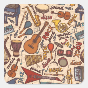 Sticker Carré Croquis Musical : Colorful Vintage sans couture.