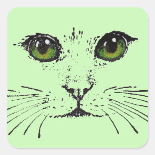 Sticker Carré Croquis noir du visage de chat Intense yeux verts