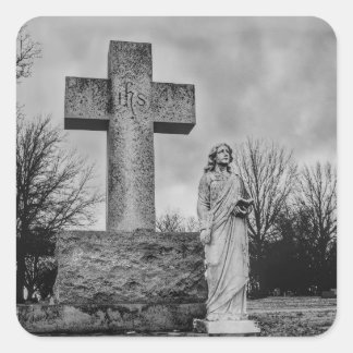 Sticker Carré Crucifix et ange en noir et blanc