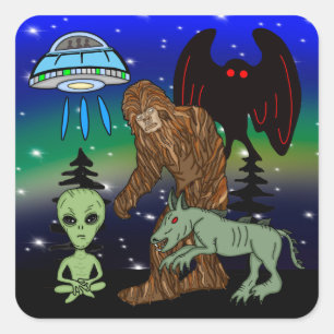 Sticker Carré Cryptides, Bigfoot, Sasquatch, Mothman, Alien, OVN