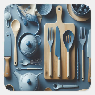 Sticker Carré Cuisine Bleue Cuisine Ustensiles Papier Peint Esth