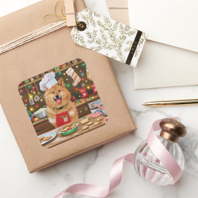 Sticker Carré Cuisine de vacances pour spitz finlandais : Noël f (Cadeaux)