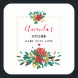 Sticker Carré Cuisine florale moderne Red Green & Gold Christmas<br><div class="desc">stickers cuisine - dit "fait avec amour" avec un petit coeur rouge. Conçu avec un joli bouquet fleuri aux couleurs rouge,  or et vert. Un cadre doré derrière les fleurs.</div>