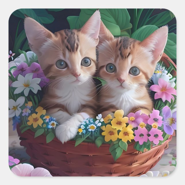 Sticker Carré Cuisinement Cute Kittens dans un panier à fleurs (Devant)