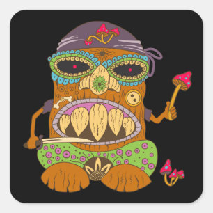 Sticker Carré Cuisinier Tiki Champignon, Drôle Noir