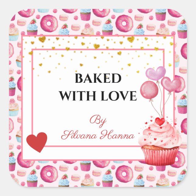 Sticker Carré Cuits avec Amour - Jolies Cupcakes & Donuts  (Devant)