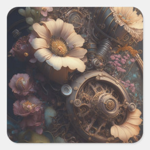 Sticker Carré Cuivre Steampunk Fleurs blanches Mariage unique