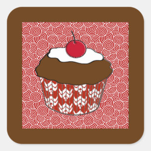Sticker Carré Cupcake au chocolat sur Motif rouge et blanc