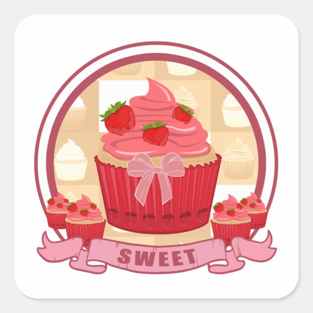 Sticker Carré Cupcake aux fraises (Devant)