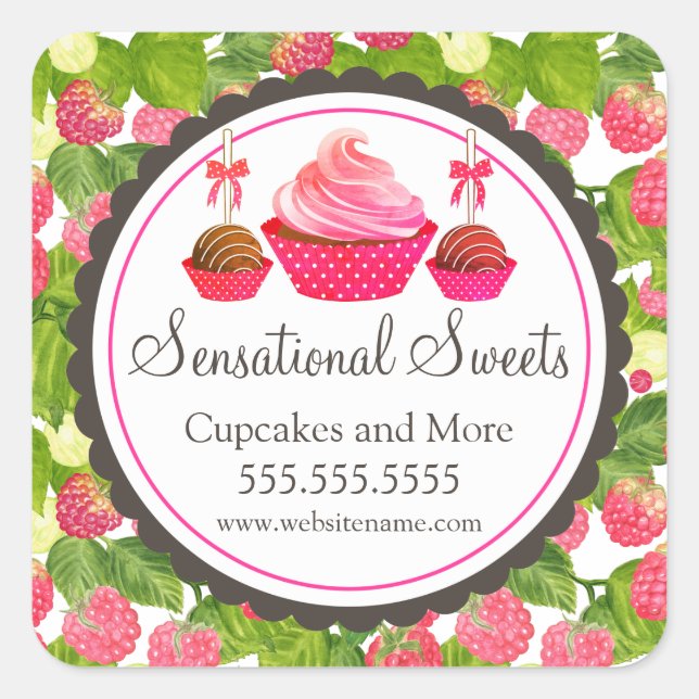 Sticker Carré Cupcake Cake Pop Raspberry Bakery Box Seaux (Devant)