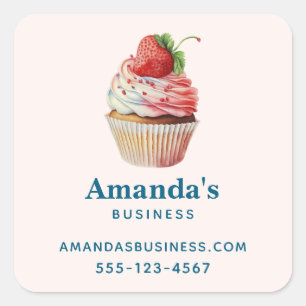 Sticker Carré Cupcake de fraises Sucré Dessert Business