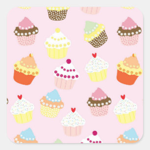 Sticker Carré Cupcake rose fête d'anniversaire