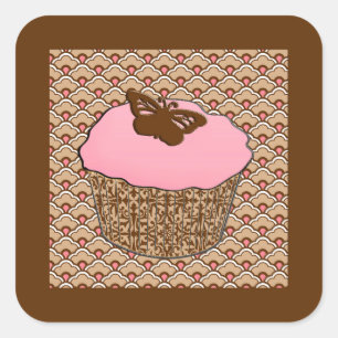 Sticker Carré Cupcake rose fraise