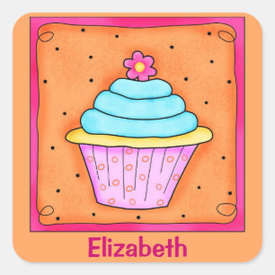 Sticker Carré Cupcake rose orange turquoise Nom
