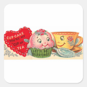 Sticker Carré Cupcake vintage et Teacup Saint-Valentin