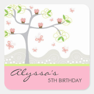 Sticker Carré Cupcakes Whimsical Tree Butterflies Sweet Birthday