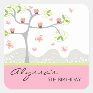 Sticker Carré Cupcakes Whimsical Tree Butterflies Sweet Birthday