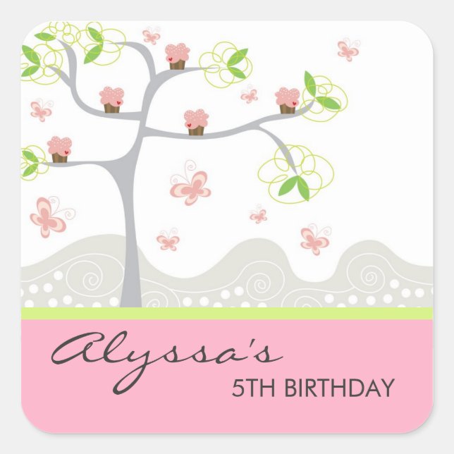 Sticker Carré Cupcakes Whimsical Tree Butterflies Sweet Birthday (Devant)