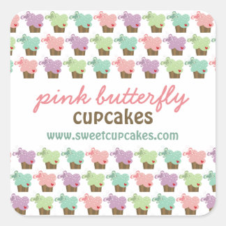 Sticker Carré Cupcakes Whimsical Tree Butterflies Sweet Birthday