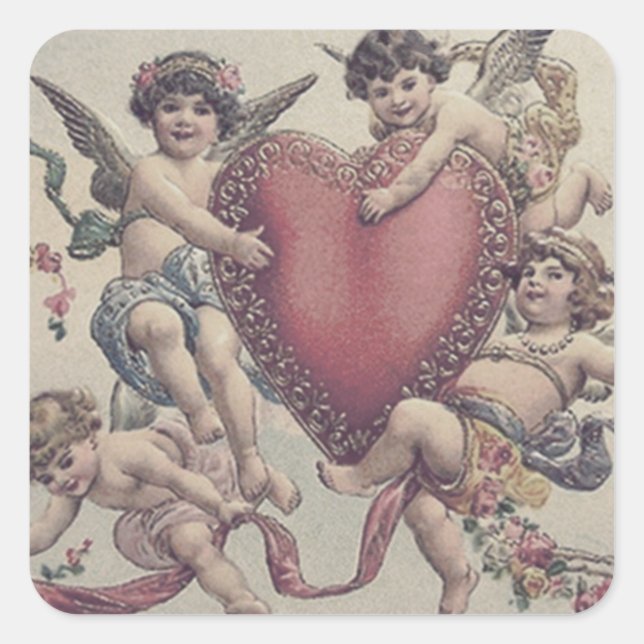 Sticker Carré Cupidon Chérubin Ange Cœur Fleurs (Devant)