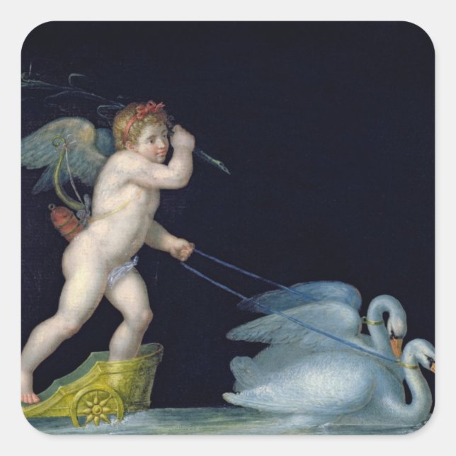 Sticker Carré Cupidon dirigé par une paire de cygnes (huile sur  (Devant)