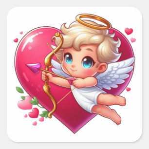 Sticker Carré Cupidon volant adorable avec cœur et flèche