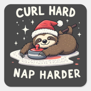 Sticker Carré Curling dur Nap Harder Curling Sport Sloth Xmas