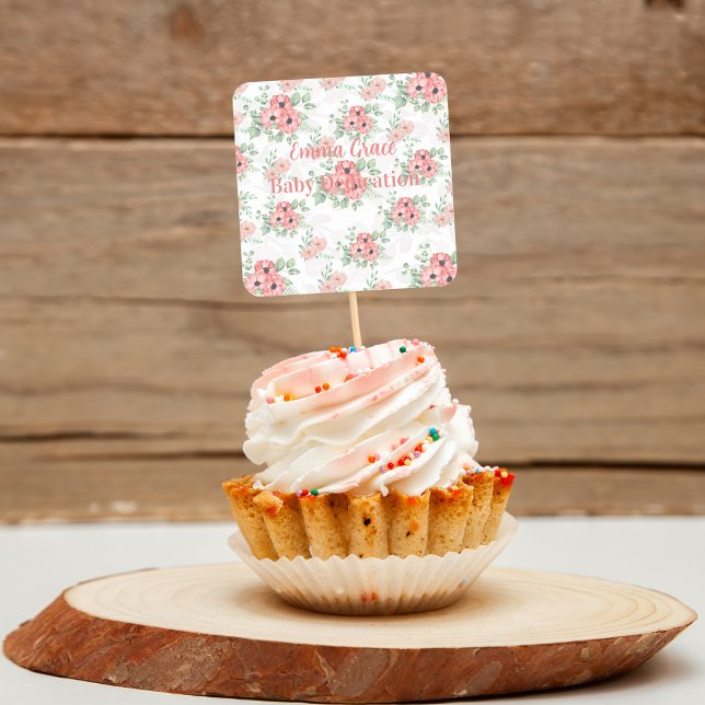 Sticker Carré Custom Baby Dedication Sage Green & Pink Floral  (Créateur téléchargé)