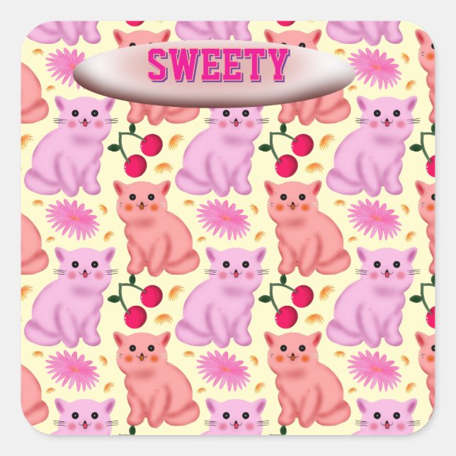 Sticker Carré Custom Cute Cat Cherry Floral Pattern (Devant)