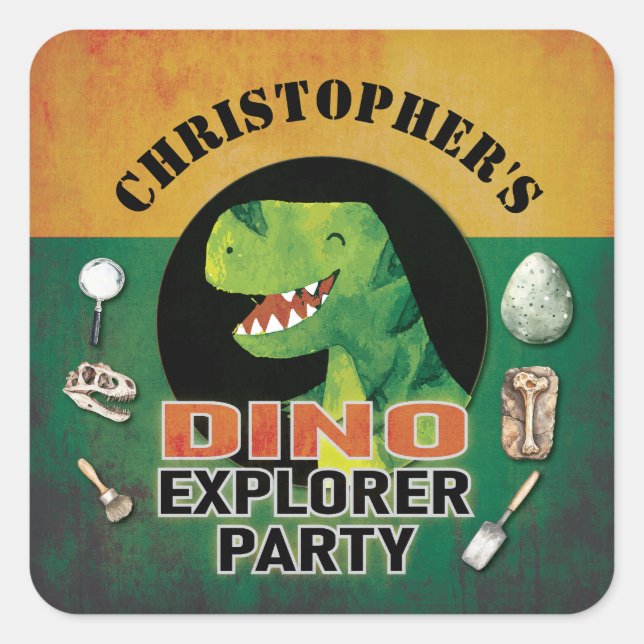 Sticker Carré Custom Dino Explorer Dinosaur Birthday (Devant)