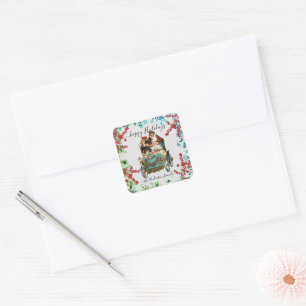 Sticker Carré Custom Happy Holidays Chic Rustic Vintage Ephemera