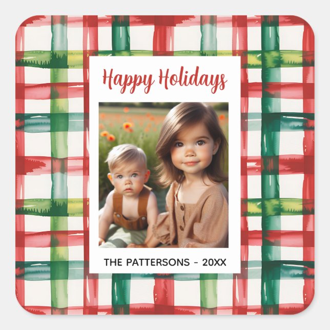 Sticker Carré Custom Happy Holidays Fun Plaid Red Green Photo (Devant)