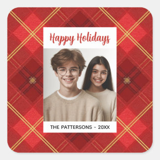 Sticker Carré Custom Happy Holidays Fun Plaid Red Green Photo
