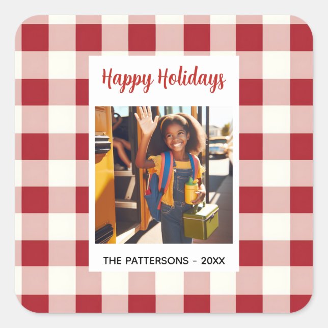 Sticker Carré Custom Happy Holidays Fun Plaid Red White Photo (Devant)