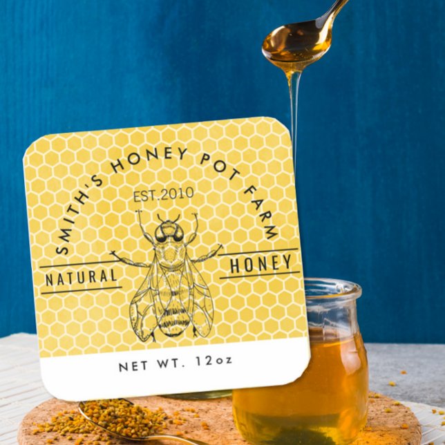 Sticker Carré Custom Honey Jar Label | Beekeeper Farm Style (Créateur téléchargé)